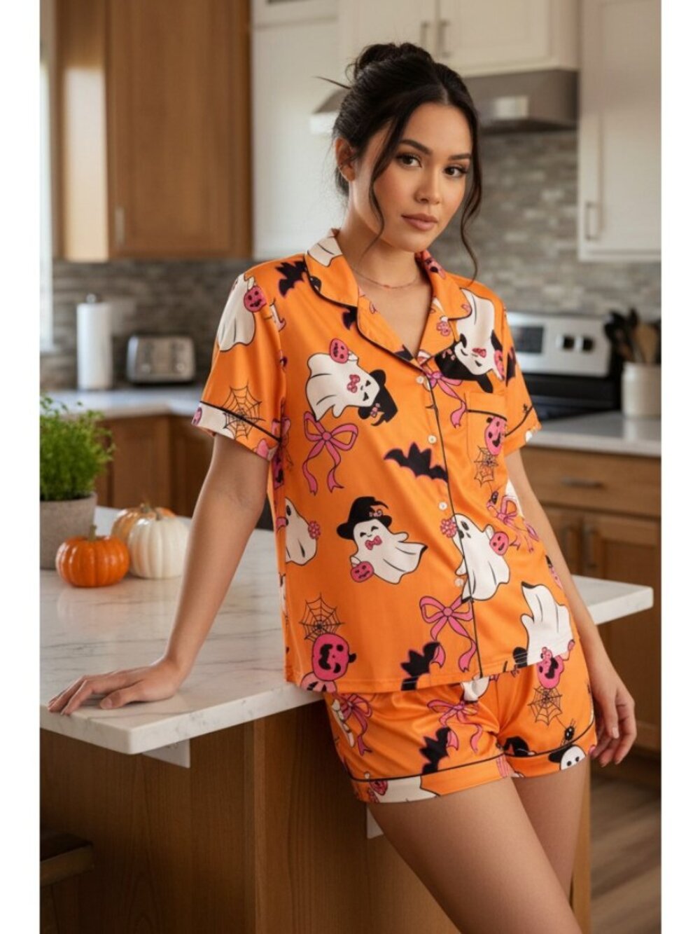 Ghost Button-Down Chest Pocket Top Shorts Halloween Lounge Set Matching Pajamas